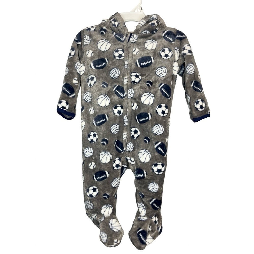 NWT Gray Sports-Themed Fleece Hooded Baby One Piece